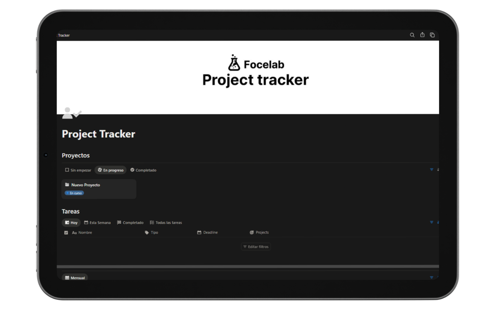 Plantilla Project Tracker de Focelab en Notion, con una base de datos de proyectos organizada por estado